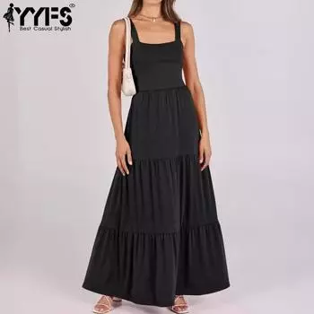 YYFS женские модные летние весенние однотонные повседневные платья без рукавов с подтяжками и высокой талией S чёрный