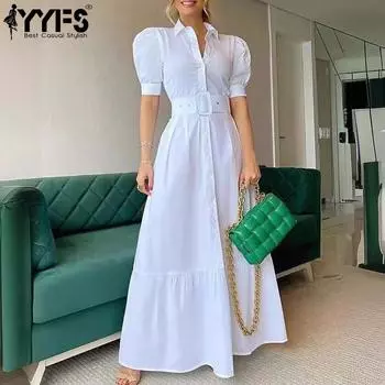 YYFS женские модные летние весенние однотонные повседневные платья с короткими рукавами и воротником-поло с высокой талией и принтом S белый