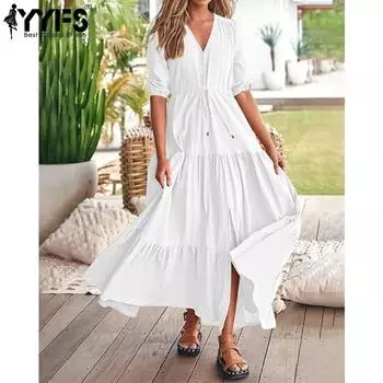 YYFS женские модные летние весенние однотонные повседневные платья с короткими рукавами и v-образным вырезом и высокой талией S белый