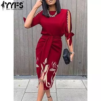 YYFS женские модные летние весенние однотонные повседневные платья с коротким рукавом и круглым вырезом с высокой талией и принтом S бордовый