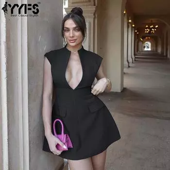YYFS женские модные летние весенние однотонные повседневные платья с короткими рукавами и v-образным вырезом и высокой талией S чёрный