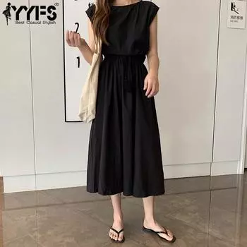 YYFS женские модные летние весенние однотонные повседневные платья без рукавов с круглым вырезом и высокой талией S чёрный