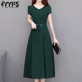 YYFS женские модные летние весенние однотонные повседневные платья с коротким рукавом и круглым вырезом с высокой талией и принтом L зелёный