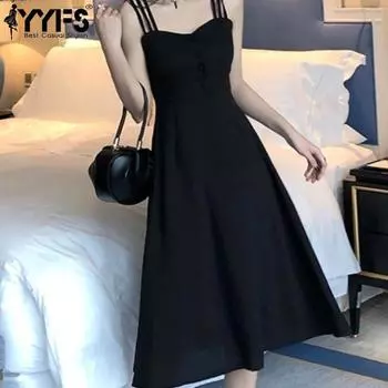 YYFS женские модные летние весенние однотонные повседневные платья без рукавов с подтяжками и высокой талией S чёрный