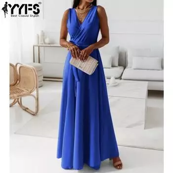 YYFS женские модные летние весенние однотонные повседневные платья без рукавов с v-образным вырезом и высокой талией S синий