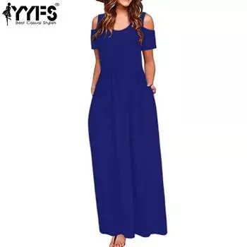 YYFS женские модные летние весенние однотонные повседневные платья с коротким рукавом и круглым вырезом с высокой талией и принтом S синий