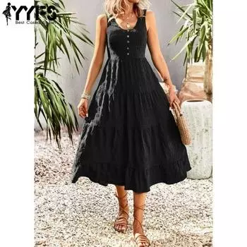 YYFS женские модные летние весенние однотонные повседневные платья без рукавов с v-образным вырезом и высокой талией S чёрный