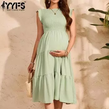 YYFS женские модные летние весенние однотонные повседневные платья с коротким рукавом и круглым вырезом с высокой талией и принтом L светло-зеленый