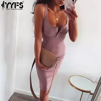 YYFS женские модные летние весенние однотонные повседневные платья без рукавов с подтяжками и высокой талией S розовый