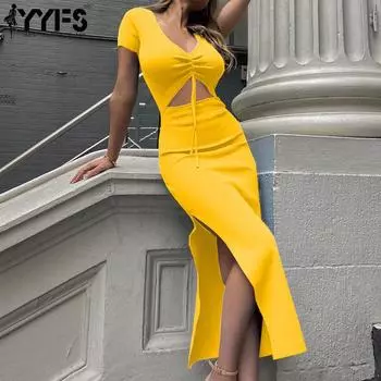 YYFS женские модные летние весенние однотонные повседневные платья с короткими рукавами и v-образным вырезом и высокой талией S жёлтый