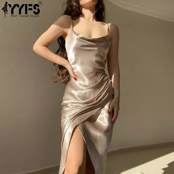 YYFS женские модные летние весенние однотонные повседневные платья без рукавов с подтяжками и высокой талией S бежевый