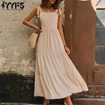 YYFS женские модные летние весенние однотонные повседневные платья без рукавов с квадратным воротником и средней талией