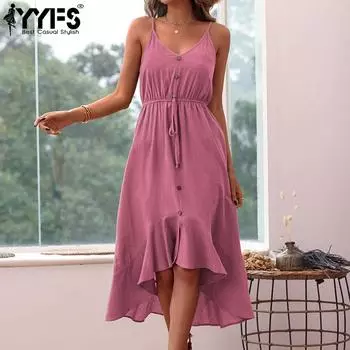YYFS женские модные летние весенние однотонные повседневные платья без рукавов с подтяжками и v-образным вырезом XS