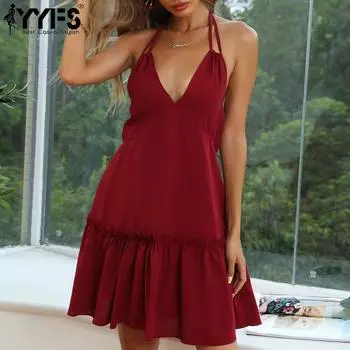 YYFS женские модные летние весенние однотонные повседневные платья без рукавов с подтяжками и v-образным вырезом с высокой талией S бордовый