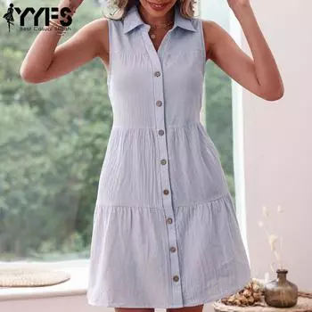 YYFS женские модные летние весенние однотонные повседневные платья без рукавов с воротником-поло и высокой талией S светло-синий