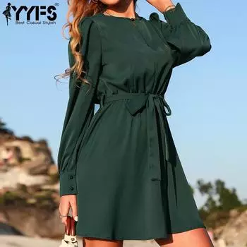 YYFS женские модные летние весенние однотонные повседневные платья с длинным рукавом и круглым вырезом с принтом S темно-зеленого