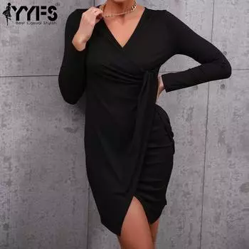 YYFS женские модные летние весенние однотонные повседневные платья с длинным рукавом и v-образным вырезом с принтом S чёрный