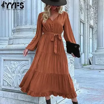 YYFS женские модные летние весенние однотонные повседневные платья с длинным рукавом и v-образным вырезом с принтом S