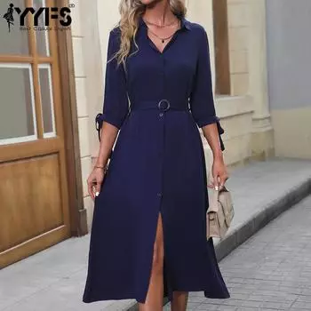 YYFS женские модные летние весенние однотонные повседневные платья с длинным рукавом и воротником-поло с принтом S