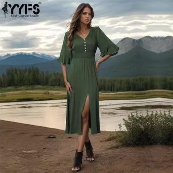 YYFS женские модные летние весенние однотонные повседневные платья с коротким рукавом и v-образным вырезом со средней талией S зелёный