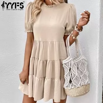 YYFS женские модные летние весенние однотонные повседневные платья с короткими рукавами и круглым вырезом с принтом XL