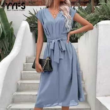 YYFS женские модные летние весенние однотонные повседневные платья с короткими рукавами и v-образным вырезом с принтом S чёрный