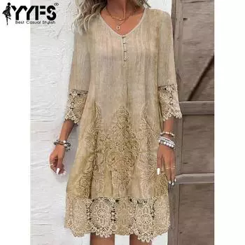 YYFS женские модные летние весенние однотонные принты с рукавами 1/2 и v-образным вырезом, свободные повседневные платья с талией