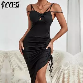 YYFS женские модные летние весенние однотонные принты сексуальные повседневные платья без рукавов на подтяжках с v-образным вырезом S чёрный