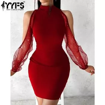 YYFS женские модные летние весенние однотонные принты с длинными рукавами, полуводолазка, коктейльные и вечерние платья XL чёрный