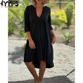 YYFS женские модные летние весенние однотонные принты с рукавами 1/2 и v-образным вырезом, свободные повседневные платья с талией S чёрный