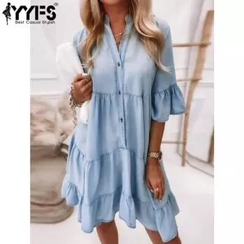 YYFS женские модные летние весенние однотонные принты с рукавами 1/2 и v-образным вырезом, свободные повседневные платья с талией S светло-синий