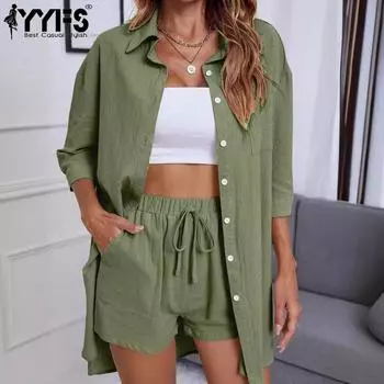 YYFS женские модные летние весенние повседневные однотонные принты с рукавами поло 1/2, блузки и рубашки с высокой талией, спортивные шорты, костюмы S армия зеленый