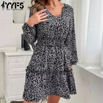 YYFS женские модные летние весенние повседневные платья с длинным рукавом и v-образным вырезом с высокой талией S чёрный