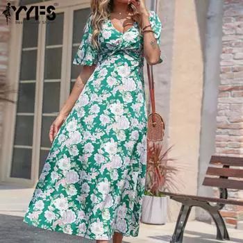 YYFS женские модные летние весенние повседневные платья с коротким рукавом и v-образным вырезом с цветочным принтом S зелёный