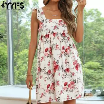 YYFS женские модные летние весенние повседневные платья без рукавов с подтяжками и высокой талией с цветочным принтом S белый