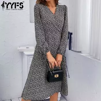 YYFS женские модные летние весенние повседневные платья с длинным рукавом и v-образным вырезом с цветочным принтом L