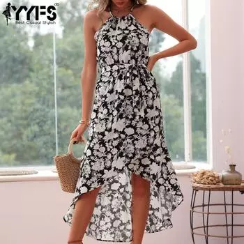 YYFS женские модные летние весенние повседневные платья без рукавов с высокой талией и цветочным принтом S