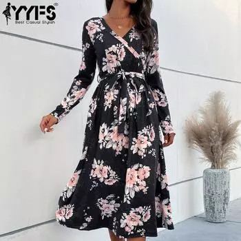 YYFS женские модные летние весенние повседневные платья с длинным рукавом и v-образным вырезом с цветочным принтом S