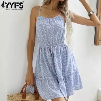 YYFS женские модные летние весенние повседневные платья без рукавов с подтяжками и цветочным принтом S светло-синий
