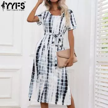 YYFS женские модные летние весенние повседневные платья с коротким рукавом и круглым вырезом с высокой талией S синий
