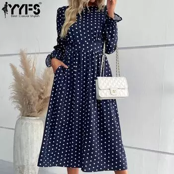 YYFS женские модные летние весенние повседневные платья в горошек с длинным рукавом и круглым вырезом с высокой талией S