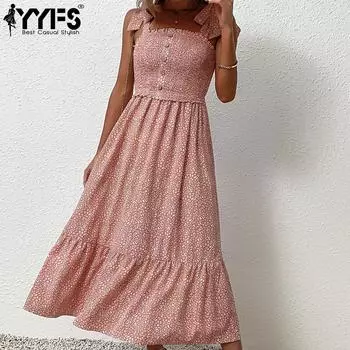 YYFS женские модные летние весенние повседневные платья без рукавов с подтяжками и высокой талией с цветочным принтом S розовый