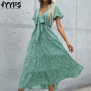 YYFS женские модные летние весенние повседневные платья с коротким рукавом и v-образным вырезом с цветочным принтом S зелёный