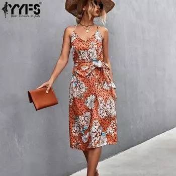 YYFS женские модные летние весенние повседневные платья без рукавов с цветочным узором на подтяжках и v-образным вырезом с высокой талией S