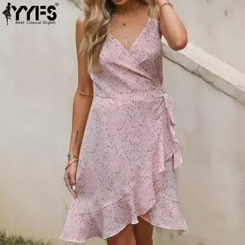YYFS женские модные летние весенние повседневные платья без рукавов с цветочным принтом на подтяжках и v-образным вырезом с высокой талией S розовый