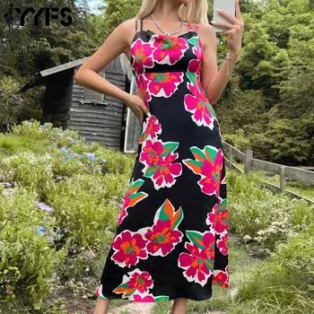 YYFS женские модные летние весенние повседневные платья без рукавов с подтяжками и цветочным принтом XS чёрный