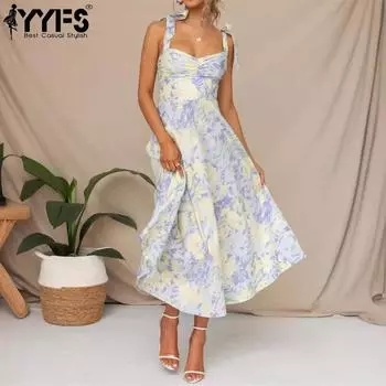 YYFS женские модные летние весенние повседневные платья без рукавов с v-образным вырезом и средней талией с цветочным узором S синий