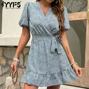 YYFS женские модные летние весенние повседневные платья с коротким рукавом и v-образным вырезом с цветочным принтом S зелёный