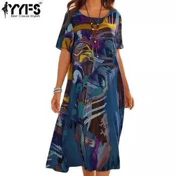 YYFS женские модные летние весенние повседневные платья с короткими рукавами и круглым вырезом