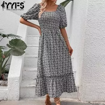 YYFS женские модные летние весенние повседневные платья с цветочным узором и коротким рукавом с круглым вырезом и средней талией S чёрный